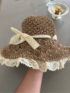 Sezane Brown Straw Sun Hat with Cream Lace Trim